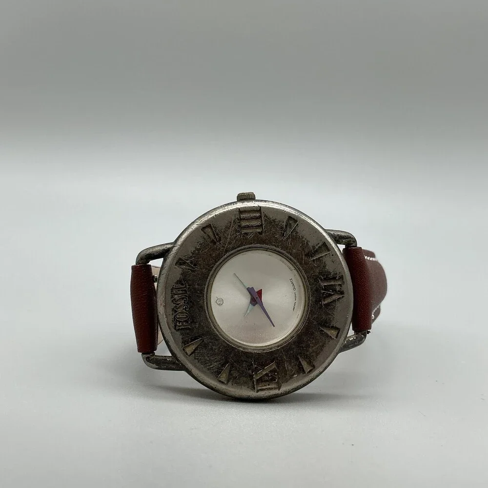 Vintage Fossil Club Fossil Mens Watch 36mm Silver Tone Brown Leather New Battery